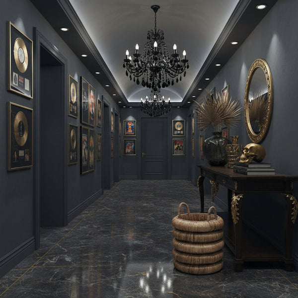 Elegant hallway with decorative wall art, a chandelier, and a console table.