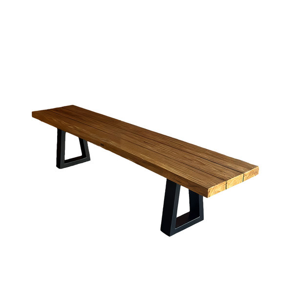 Wooden bench with black metal legs on a white background