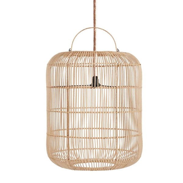 Woven rattan pendant light on a white background