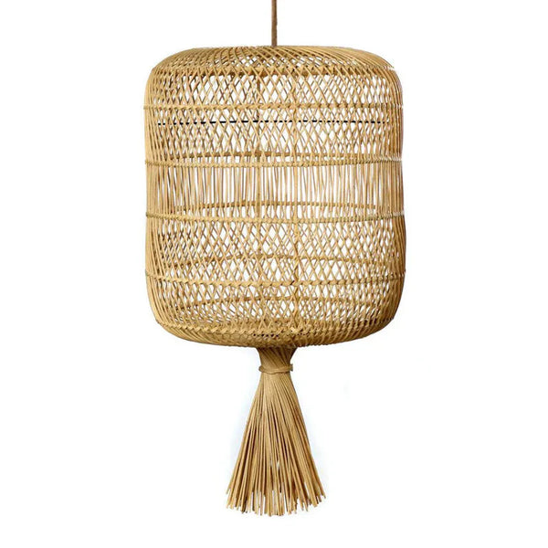 Woven rattan pendant light with a tassel on a white background