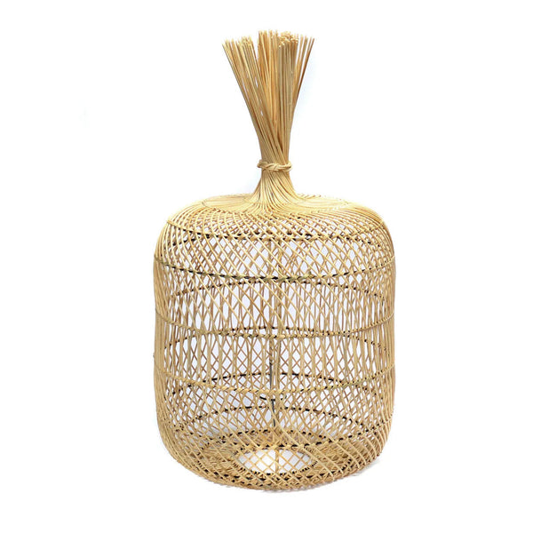 Woven rattan lantern on a white background