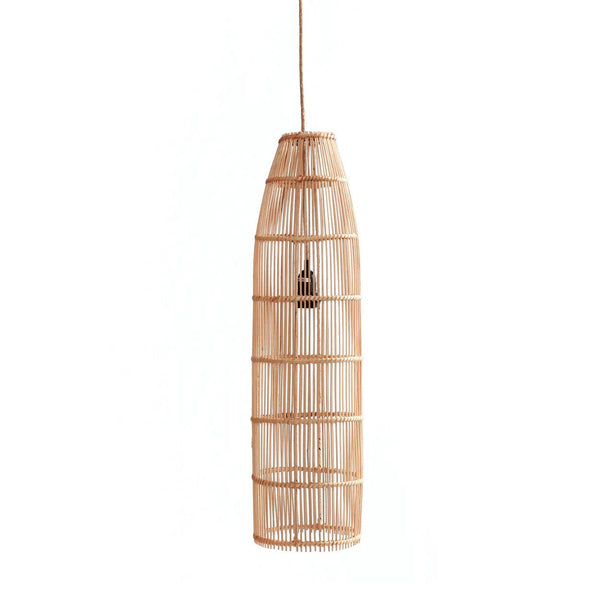 Woven rattan pendant light on a white background