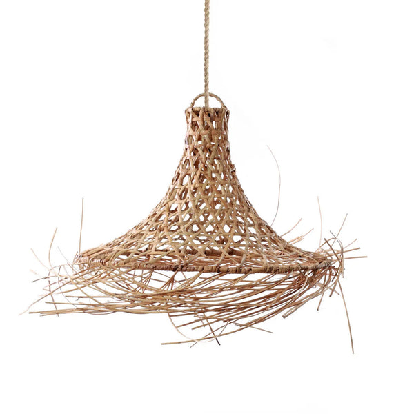 Woven rattan pendant light on a white background