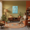 Woman sitting on an orange couch in a living room with a Buddha painting on the wall.