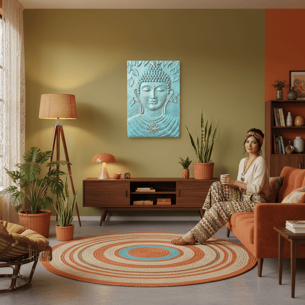 Woman sitting on an orange couch in a living room with a Buddha painting on the wall.