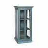 Vintage-style blue cabinet with glass doors on a white background