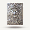 Decorative wall art of Buddha's face with leaves on a white background