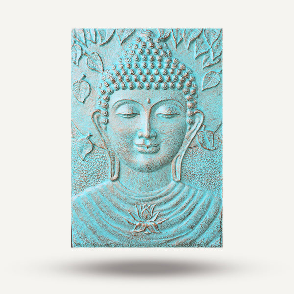 Decorative wall art of a Buddha figure with a textured blue finish on a white background