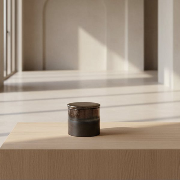 Black ceramic jar with lid on a stone surface with blurred background
