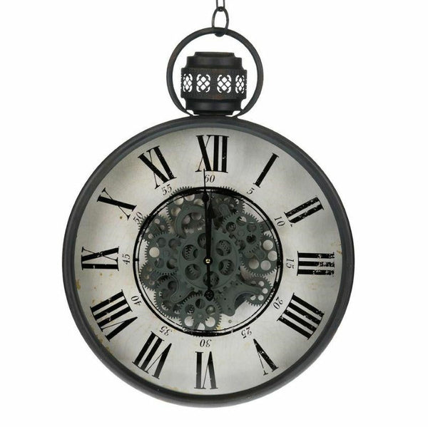 Decorative wall clock with Roman numerals and visible gears on a white background