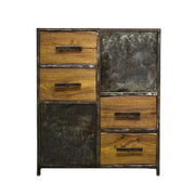 Wooden dresser with metal panels on a white background