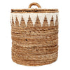 Woven basket with a lid and decorative tassels on a white background