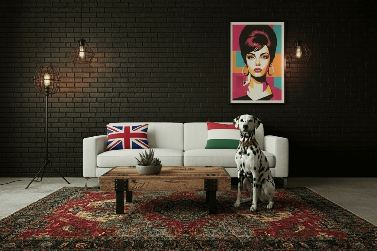 Living room with a white sofa, wooden coffee table, and a dog sitting on a rug.