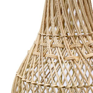 Close-up of a woven rattan lampshade on a white background