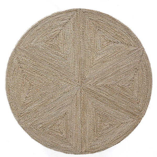 Round woven rug with a geometric pattern on a white background