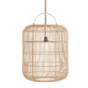 Woven rattan pendant light on a white background