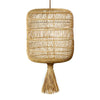 Woven rattan pendant light with a tassel on a white background
