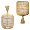 Two woven rattan stools with tassels on a white background