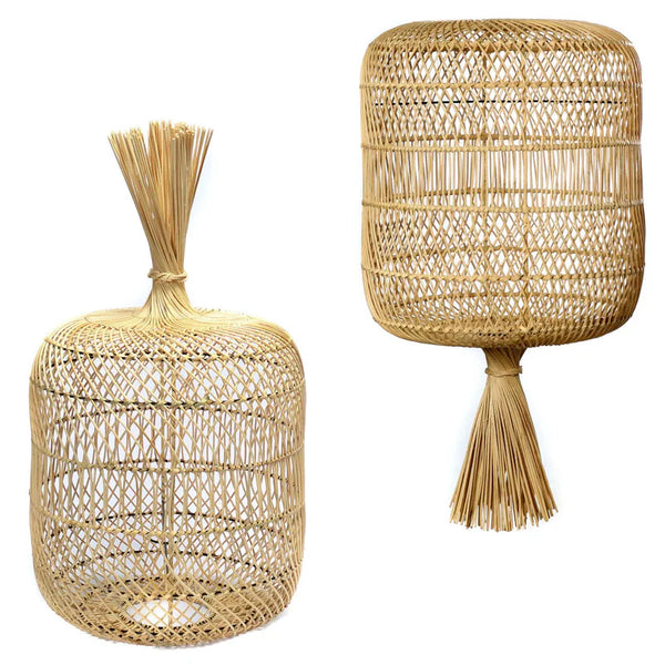 Two woven rattan stools with tassels on a white background