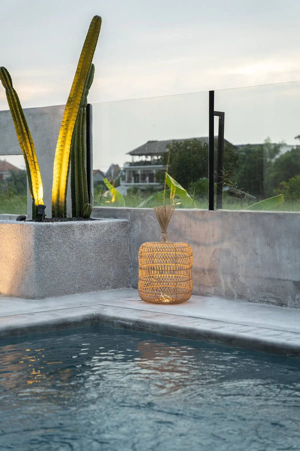 Pool area with a textured wall, wicker basket, and decorative plants.