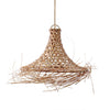 Woven rattan pendant light on a white background