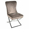 Gray upholstered chair with a metal frame on a white background