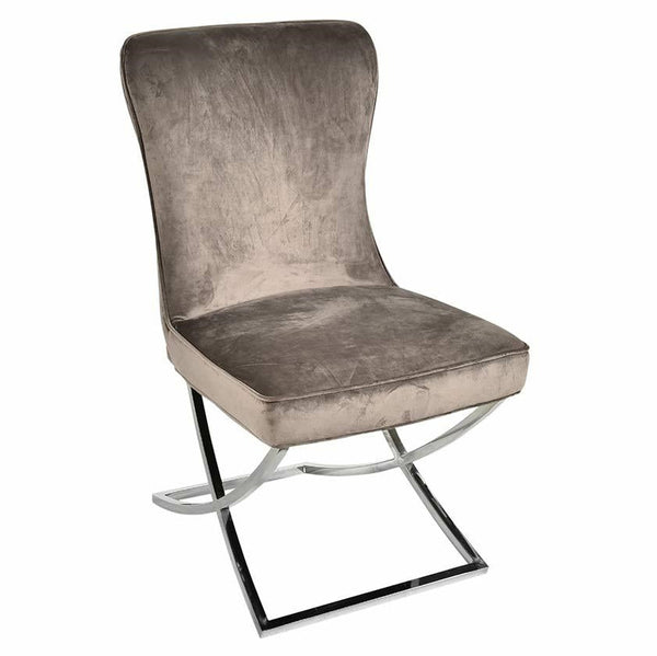 Gray upholstered chair with a metal frame on a white background