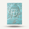 Decorative wall art of a Buddha figure with a textured blue finish on a white background
