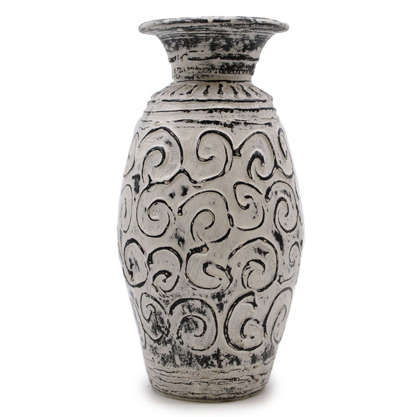 Decorative vase with black swirling patterns on a white background